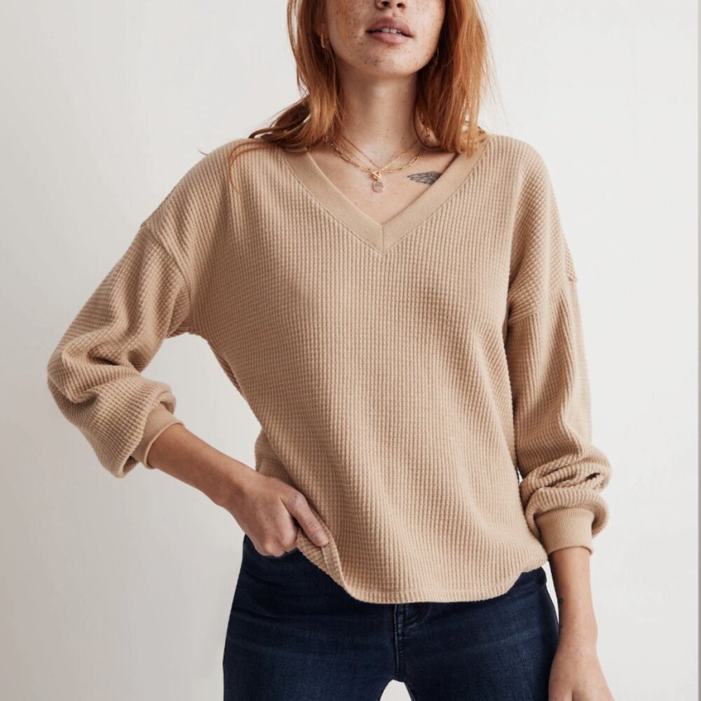 MADEWELL Waffle Knit V-Neck Long-Sleeve Sweater - Toasted Sesame (Tan) - Size: M